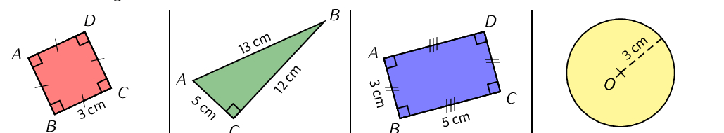 Quatre figures : un carré de 3 cm, un triangle rectangle 5-12-13 cm, un rectangle 3 cm sur 5 cm et un disque de rayon 3 cm