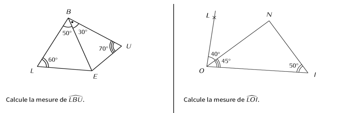 Deux figures géométriques avec des angles donnés pour calculer les angles LBU et LOI