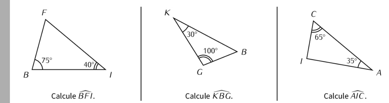Trois triangles BFI, KGB et AIC avec les mesures d'angles données