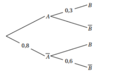 Arbre pondéré à deux niveaux avec les événements A et B et les probabilités 0,8 ; 0,3 et 0,6
