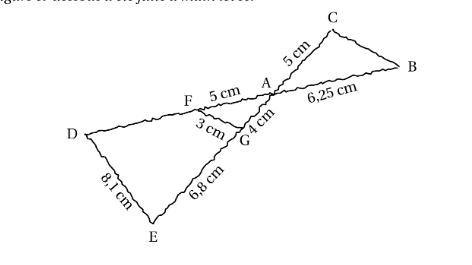 Figure à main levée avec les points D, F, A, B alignés et les points E, G, A, C alignés, longueurs 3 cm, 4 cm, 5 cm, 6,25 cm, 6,8 cm et 8,1 cm